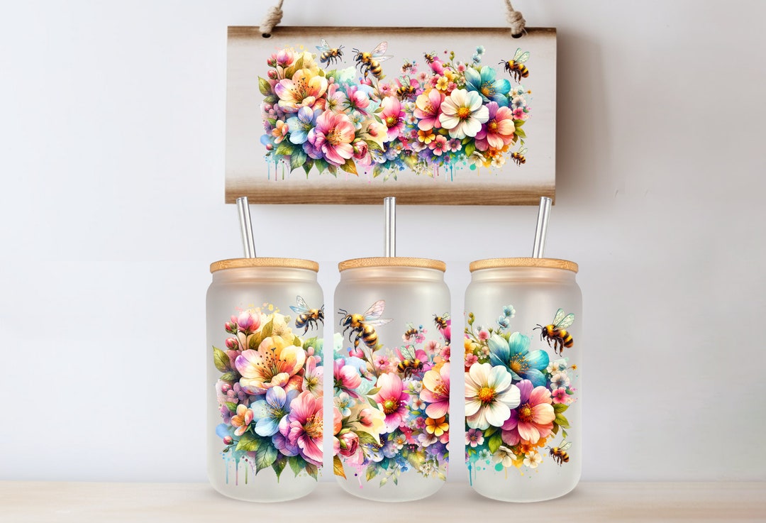 Spring Floral Flowers UVDTF 16 Oz Glass Can Tumbler Sublimation Design ...