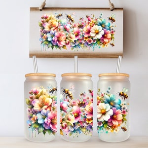 Frühlingsblumen Blumen UVDTF 16 Unze Glasdose Becher Sublimation Design Digitaler Download Png Instant DIGITAL NUR, Glas