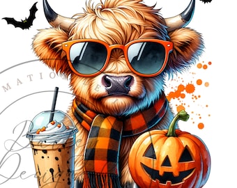 Puede incluir: Una vaca de las tierras altas con gafas de sol y una bufanda de cuadros sostiene una calabaza tallada y un latte de especias de calabaza.