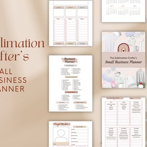 May include: A pink and white printable small business planner for sublimation crafters. The planner includes sections for business planning, marketing, finances, and more. The cover features a rainbow and various sublimation blanks.