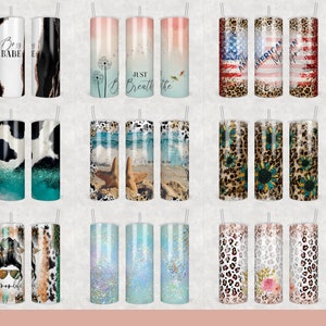 May include: A set of 12 tumbler designs featuring various patterns and text, including "Boss Babe", "Just Breathe", "American", and "Cow Print".