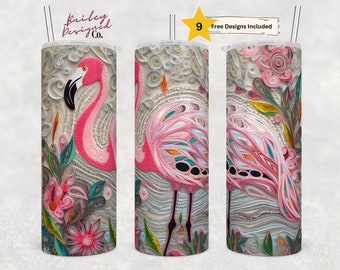 Embroidered Flamingo 20 oz Skinny Tumbler Sublimation Design Digital Download PNG Instant DIGITAL ONLY, Embroidery Flamingo Tumbler