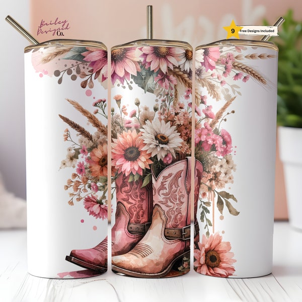 Rustic Country Western Floral Cowgirl Boots 20 oz Skinny Tumbler Sublimation Design Digital Download PNG Instant DIGITAL ONLY,  Tumbler Wrap