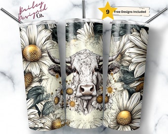 Rustic Cow 20 oz Skinny Tumbler Sublimation Design Digital Download PNG Instant DIGITAL ONLY, Cute Farm Cow and Daisy Tumbler