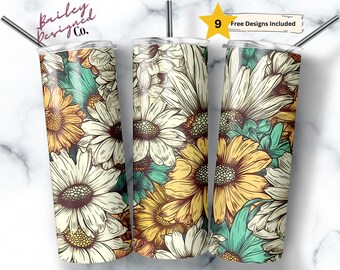 Boho Daisies 20 oz Skinny Tumbler Sublimation Design Digital Download PNG Instant DIGITAL ONLY, Seamless  Spring Daisy Tumbler