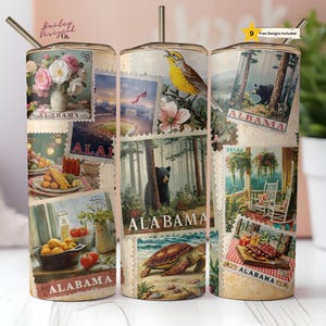 Vintage Alabama Stamp Travel State 20 oz Skinny Tumbler Sublimation Design Digital Download PNG Instant DIGITAL ONLY, Tumbler Wrap