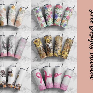 May include: Set of 10 sublimation tumbler designs featuring various patterns and designs, including floral, abstract, and coffee-themed designs. The designs are printed on white tumblers with a silver lid and straw.