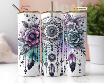 Boho Dreamcatcher Floral 20 oz Skinny Tumbler Sublimation Design Digital Download PNG Instant DIGITAL ONLY, Tumbler Wrap