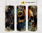 Alcohol Ink Skulls and Sunflowers 20 oz Skinny Tumbler Sublimation Design Digital Download PNG Instant DIGITAL ONLY, Glitter Print Wrap