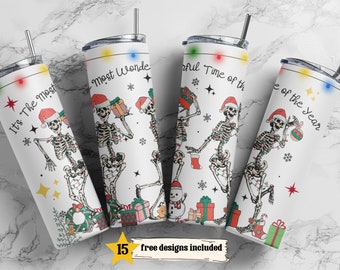 Dancing Christmas Skeletons 20 oz Skinny Tumbler Holiday PNG, Sublimation Design DIGITAL, Funny Christmas png, Wonderful Time Design