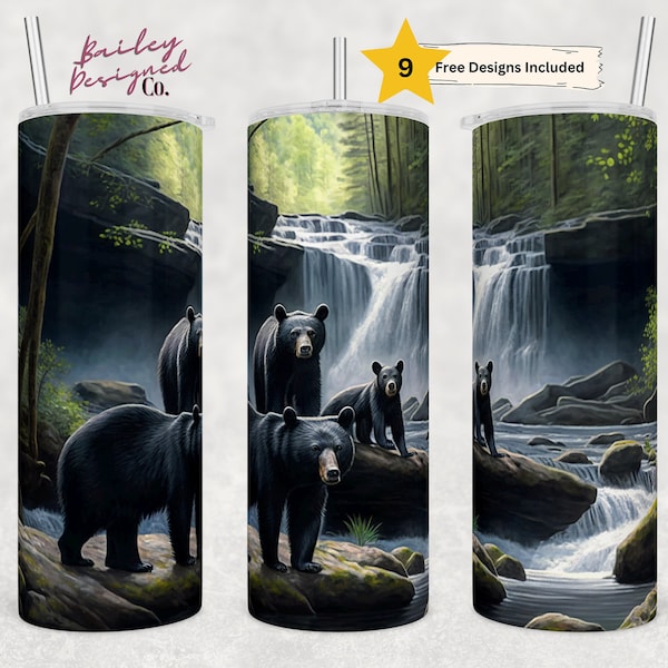 Black Bears 20 oz Skinny Tumbler Sublimation Design Digital Download PNG Instant DIGITAL ONLY, Waterfalls Smoky Mountains Tumbler