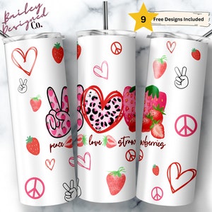 Peace Love Strawberries 20 oz Skinny Tumbler Sublimation Design Digital Download PNG Instant DIGITAL ONLY, Summer Strawberry Tumbler