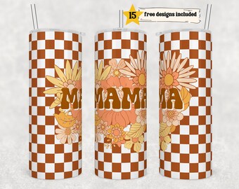 20oz Skinny Tumbler MAMA Retro Flower Print Sublimation Designs Template Straight PNG File Download - Boho Floral Design