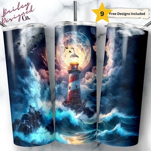 Magical Lighthouse 20 oz Skinny Tumbler Sublimation Design Digital Download PNG Instant DIGITAL ONLY, Stormy Ocean Tumbler