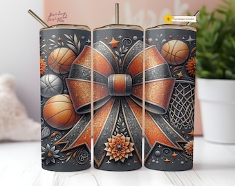 Glitter Coquette Bow Basketball Sport Mom 20 oz Skinny Tumbler Sublimation Design Digital Download PNG Instant DIGITAL ONLY, Tumbler Wrap