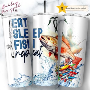 Eat Sleep Fish Repeat 20 oz Skinny Tumbler Sublimation Design Digital Download PNG Instant DIGITAL ONLY, Redfish Fishing Tumbler