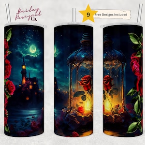 Magical Castle 20oz Skinny Tumbler Sublimation Design Templates, Red Roses Tumbler Straight PNG Digital Download
