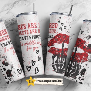 Rosen sind rot, ich habe 5 Finger 20 Unzen Skinny Tumbler Lustige Valentine Sublimation Design PNG Instant NUR DIGITAL, Valentine Skelett png