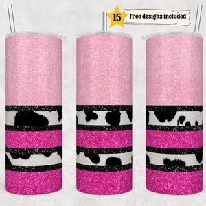 Hot Pink Cow Print 20oz Skinny Tumbler Design Templates, Cowhide Tumbler Straight PNG Digital Download Glitter Print Cow Print Wrap