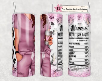 Pink Nurse 20 oz Skinny Tumbler Sublimation Nurse Wrap Diseño para vaso recto, archivo PNG, digital, información nutricional con estampado de brillo de leopardo