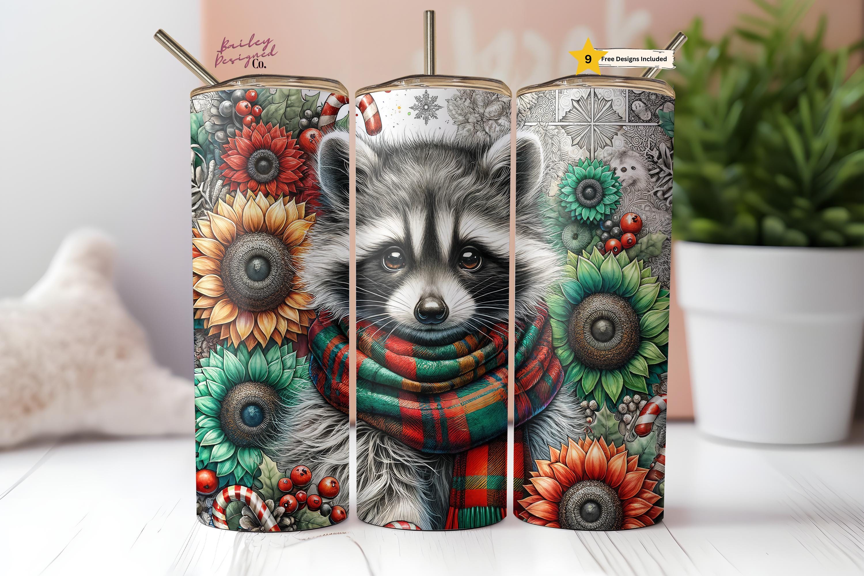 Cute Christmas Raccoon 20 oz Skinny Tumbler Sublimation Design Digital Download PNG Instant DIGITAL ONLY, Tumbler Wrap