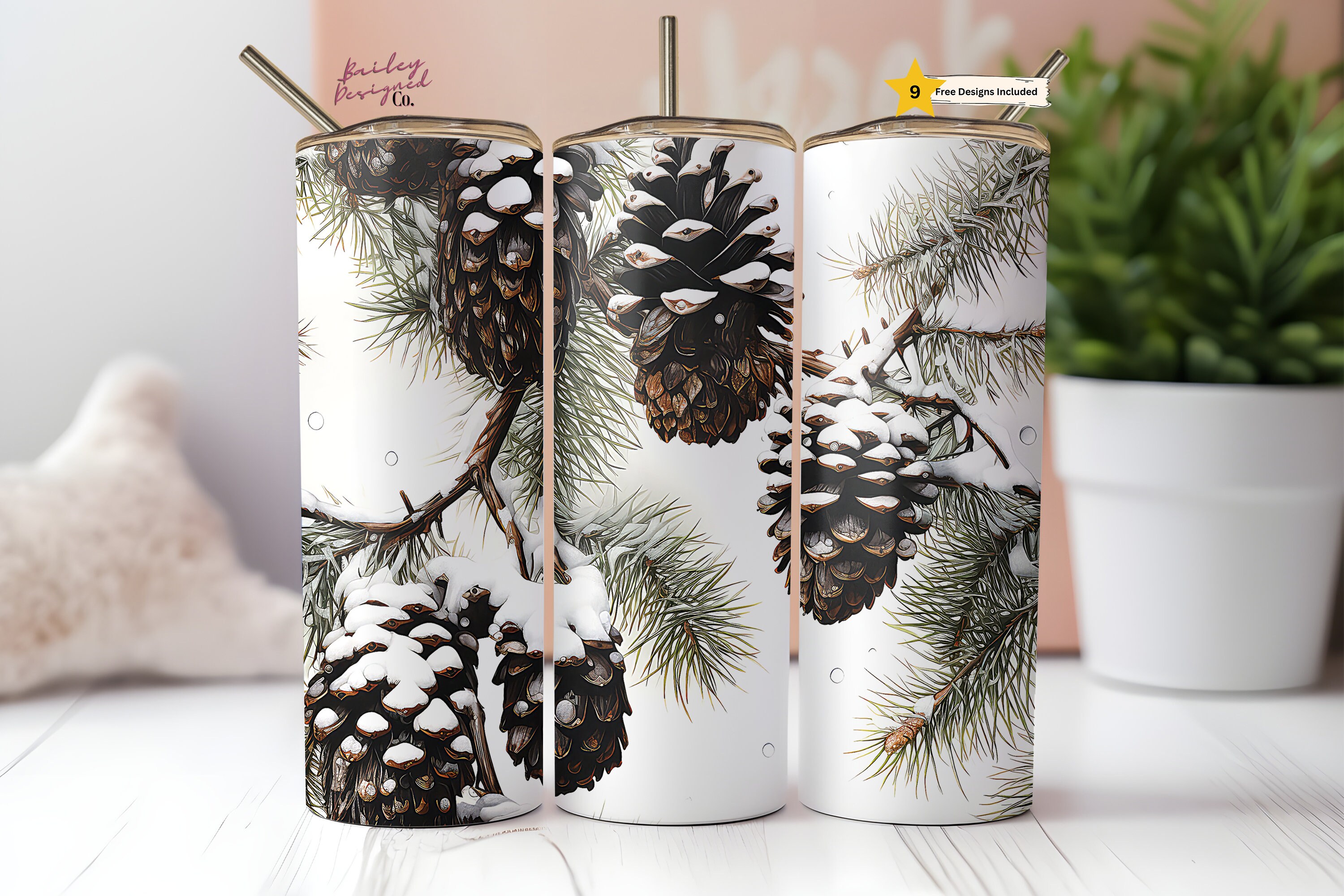 Christmas Tumbler Wraps - 3D Frosted Pine Cones Skinny Tumbler Design