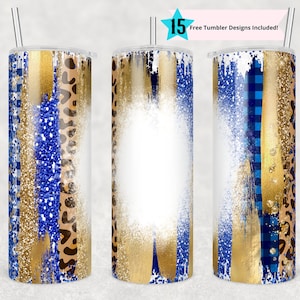 20oz Skinny Tumbler Blank Blue Gold Leopard Glitter Sublimation Design Templates, Sparkly, Straight PNG Digital Download Brushstokes