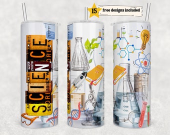 Science 20 oz Skinny Tumbler Sublimation Design Wrap Design For Straight Tumbler, PNG File, Digital, Scientist Collage PNG