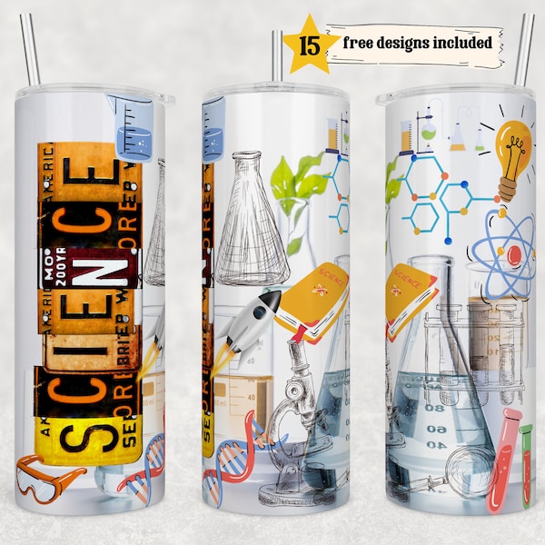 Science 20 oz Skinny Tumbler Sublimation Design Wrap Design For Straight Tumbler, PNG File, Digital, Scientist Collage PNG