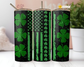 May include: Three stainless steel tumblers with a black and green design. The design features a distressed American flag with shamrocks.