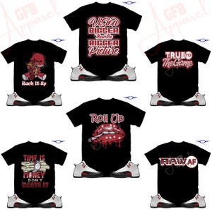 Puede incluir: Seis dise&ntilde;os diferentes de camisetas con gr&aacute;ficos rojos y blancos sobre camisetas negras. Los dise&ntilde;os incluyen un oso de dibujos animados, unos labios con un cigarrillo, una pila de dinero, las palabras "Vision Bigger than the Bigger Picture", "True to the Game" y "Raw AF".