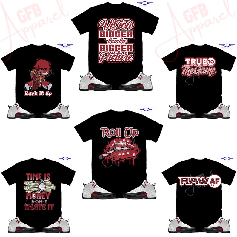 Puede incluir: Seis dise&ntilde;os diferentes de camisetas con gr&aacute;ficos rojos y blancos sobre camisetas negras. Los dise&ntilde;os incluyen un oso de dibujos animados, unos labios con un cigarrillo, una pila de dinero, las palabras "Vision Bigger than the Bigger Picture", "True to the Game" y "Raw AF".