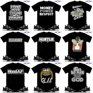 Puede incluir: Un collage de diez camisetas negras diferentes con texto blanco y gr&aacute;ficos. Las camisetas presentan varios mensajes motivacionales e inspiradores, que incluyen "Count Your Blessings Not Problems", "Money Power Respect", "Married To The Game", "Legendary", "Hustle", "Hustle Or Be Broke", "HoodAF", "Glee" y "Fear No Man But God".