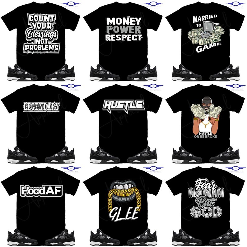 Puede incluir: Un collage de diez camisetas negras diferentes con texto blanco y gr&aacute;ficos. Las camisetas presentan varios mensajes motivacionales e inspiradores, que incluyen "Count Your Blessings Not Problems", "Money Power Respect", "Married To The Game", "Legendary", "Hustle", "Hustle Or Be Broke", "HoodAF", "Glee" y "Fear No Man But God".