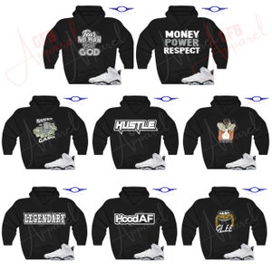 May include: Nine black hoodies with different graphic designs and white text. Each hoodie is paired with a white and black Air Jordan trainer.