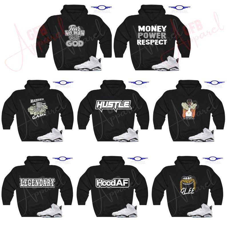 May include: Nine black hoodies with different graphic designs and white text. Each hoodie is paired with a white and black Air Jordan trainer.