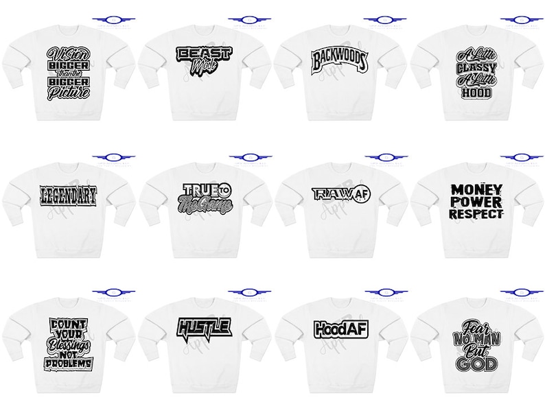 Puede incluir: Doce sudaderas blancas con dise&ntilde;os de texto en negro y gris. Los dise&ntilde;os incluyen frases como "Vision Bigger Picture", "Beast Mode", "Backwoods", "A Little Classy A Little Hood", "Legendary", "True To The Game", "Raw AF", "Money Power Respect", "Count Your Blessings Not Problems", "Hustle", "Hood AF" y "Fear No Man But God".