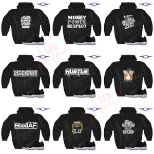 May include: A set of ten black hoodies with different graphic designs and white text. Each hoodie is paired with a black and white sneaker.