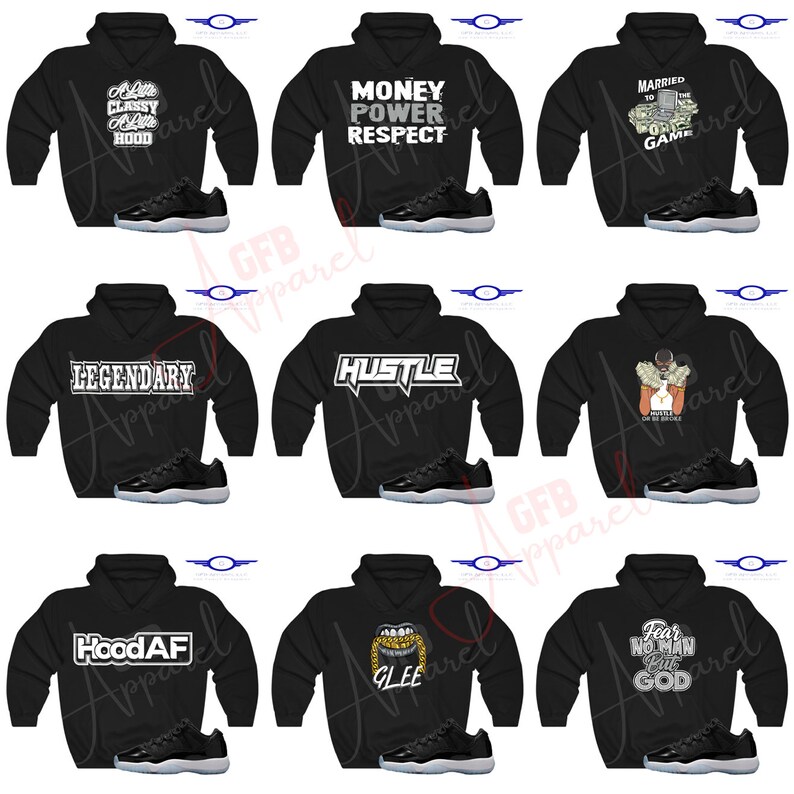 May include: A set of ten black hoodies with different graphic designs and white text. Each hoodie is paired with a black and white sneaker.