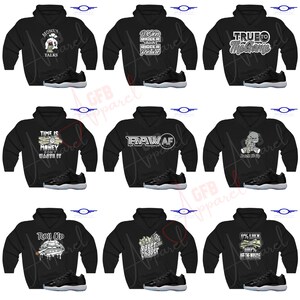 May include: A collage of ten black hoodies with different graphic designs and text. Each hoodie is paired with a black and white sneaker. The designs include "Money Talks", "Vision Bigger Picture", "True to the Game", "Time is Money Don't Waste It", "Raw AF", "Keep It Up", "Roll Up", "Paper Chaser", and "1% Luck 99% Hustle Get the Muscle".