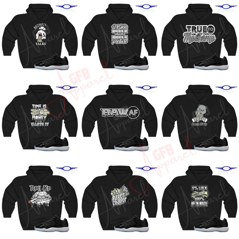 May include: A collage of ten black hoodies with different graphic designs and text. Each hoodie is paired with a black and white sneaker. The designs include "Money Talks", "Vision Bigger Picture", "True to the Game", "Time is Money Don't Waste It", "Raw AF", "Keep It Up", "Roll Up", "Paper Chaser", and "1% Luck 99% Hustle Get the Muscle".