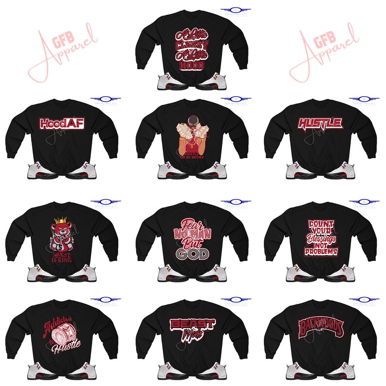 Puede incluir: Un conjunto de diez sudaderas negras con varios dise&ntilde;os gr&aacute;ficos rojos y blancos. Los dise&ntilde;os incluyen "HoodAF", "Hustle", "Cash is King", "Fear No Man But God", "Count Your Blessings Not Problems", "Addicted to Hustle", "Beast Mode" y "Backwards". Cada sudadera se combina con un par de zapatillas blancas y rojas.