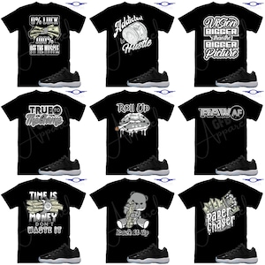 May include: A collage of ten images featuring black t-shirts with various graphic designs and a pair of black and white sneakers. The designs include phrases like "0% Luck 100% Off the Muscle", "Addicted to the Hustle", "Vision Bigger than the Bigger Picture", "True to the Game", "Roll Up", "Raw AF", "Time is Money Don't Waste It", "Rack It Up", and "Paper Chaser".