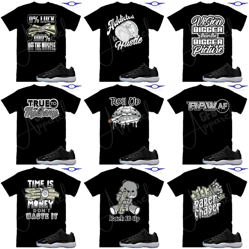 May include: A collage of ten images featuring black t-shirts with various graphic designs and a pair of black and white sneakers. The designs include phrases like "0% Luck 100% Off the Muscle", "Addicted to the Hustle", "Vision Bigger than the Bigger Picture", "True to the Game", "Roll Up", "Raw AF", "Time is Money Don't Waste It", "Rack It Up", and "Paper Chaser".