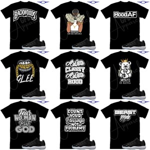 May include: A collage of ten images featuring black t-shirts with various graphic designs paired with black and white sneakers. The designs include "Backwoods", "Hustle or Be Broke", "HoodAF", "Glee", "A Little Classy A Little Hood", "Cash Is King", "Fear No Man But God", "Count Your Blessings Not Problems", "Beast Mode", and "GFB Apparel".