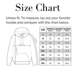 May include: Size chart for a unisex hoodie with measurements in inches for width, length, and sleeve length. Sizes range from S to 5XL.