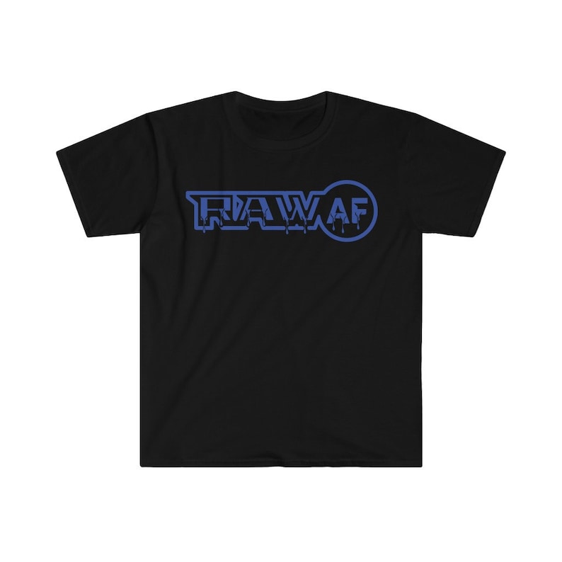 K&ouml;nnte beinhalten: Schwarzes T-Shirt mit einer blauen Grafik, auf der "RAW AF" in einer tropfenden Schrift steht.