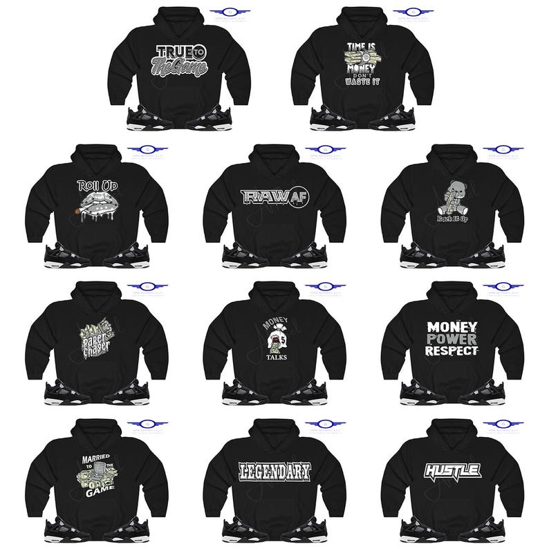 Puede incluir: Diez sudaderas con capucha negras con diferentes textos y gr&aacute;ficos blancos. El texto incluye "True to", "Time is Money", "Roll Up", "Rawaf", "Paper Chaser", "Money Talks", "Money Power Respect", "Married to the Game", "Legendary" y "Hustle".