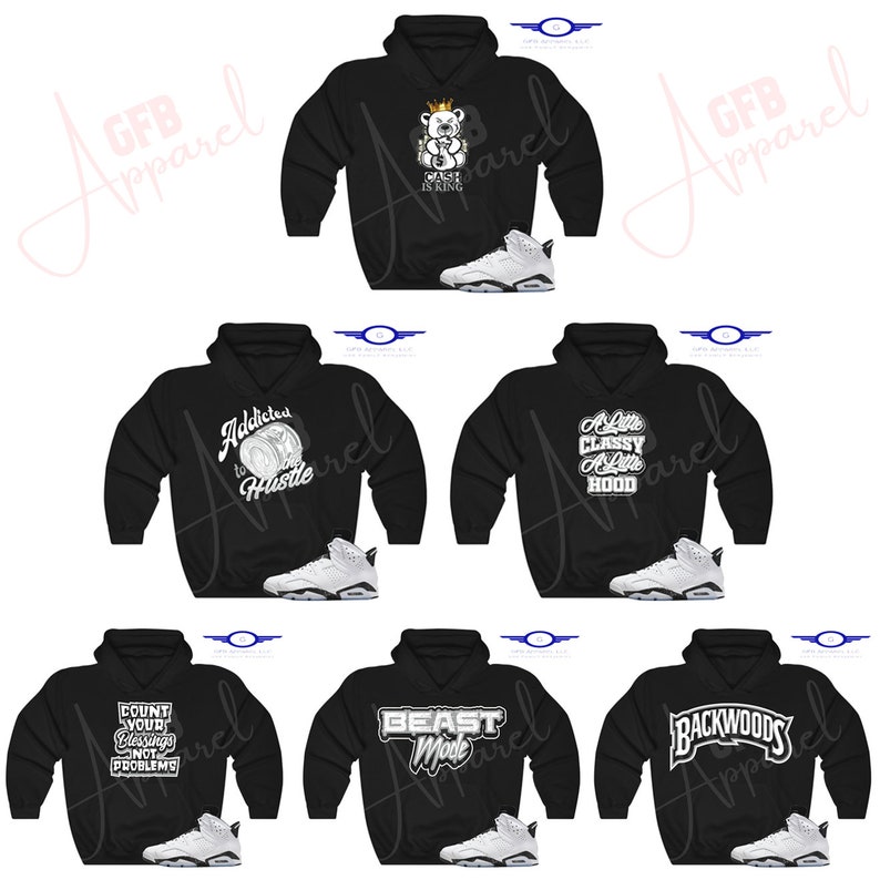 May include: Six black hoodies with different white graphic designs and a pair of white trainers. The hoodies feature designs such as "Addicted to Hustle", "A Little Classy A Little Hood", "Count Your Blessings Not Your Problems", "Beast Mode", and "Backwoods".