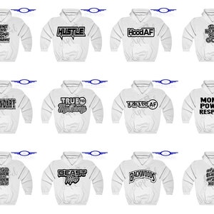 Puede incluir: Doce sudaderas con capucha blancas con varios dise&ntilde;os de texto negro. Los dise&ntilde;os incluyen "Count Your Blessings Not Your Problems", "Hustle", "HoodAF", "Fear No Man But God", "Legendary", "True To The Game", "RawAF", "Money Power Respect", "Beast Mode", "Backwoods", "I'm From The Bigger Hood" y "We Live By The Code Of The Hood".